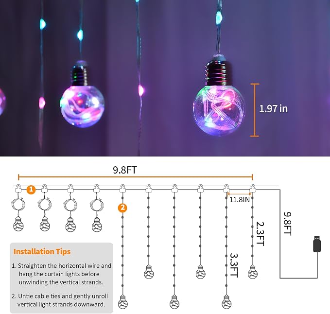 Color Changing Wishing Ball Curtain Lights, 9.8 x 3.3 FT RGB LED Fairy Light with Remote App Control, Music Sync Window Backdrop Wall Hanging Lights for Bedroom Party Halloween Christmas Decoration - Image 6