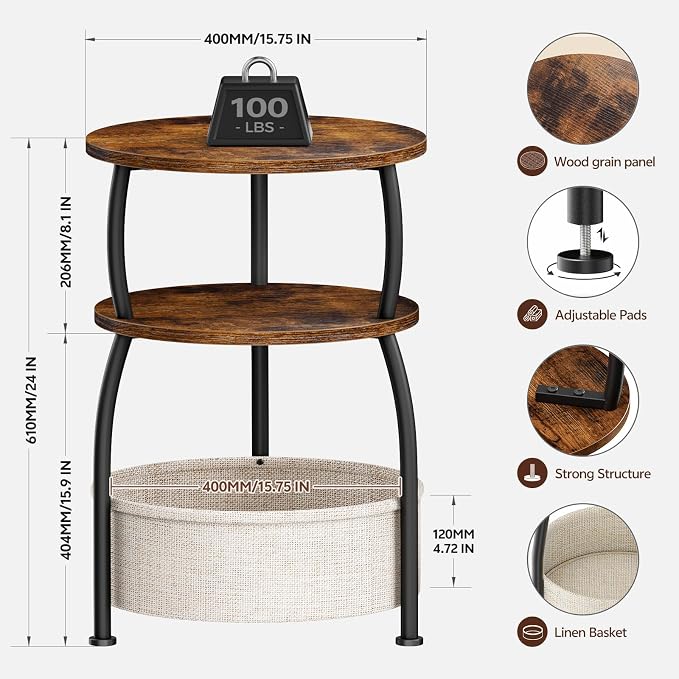 Round Side Table with Storage Basket for Living Room Rustic Brown - Image 9