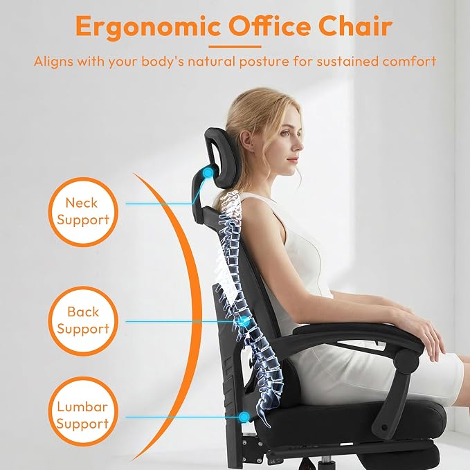 Desk Chair with Foot Rest, High-Back Mesh Office Chair, Classic Black | Reclining Gaming Chair with Headrest and Adjustable Lumbar Support, 90°-130° Reclining, for Home Office and Gaming - Image 7
