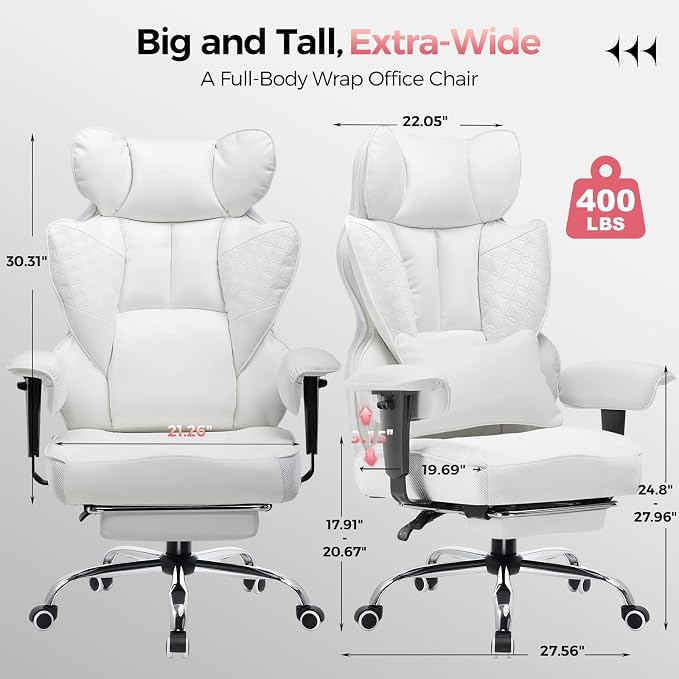 COMHOMA Big and Tall Office Chair Heavy Duty Wide Ergonomic Gaming Chair with Deluxe Embossing Designed Leather with Foot Rest,150°Reclining Adjustable Armrests Pocket Spring Back Support and Pillow - Image 2