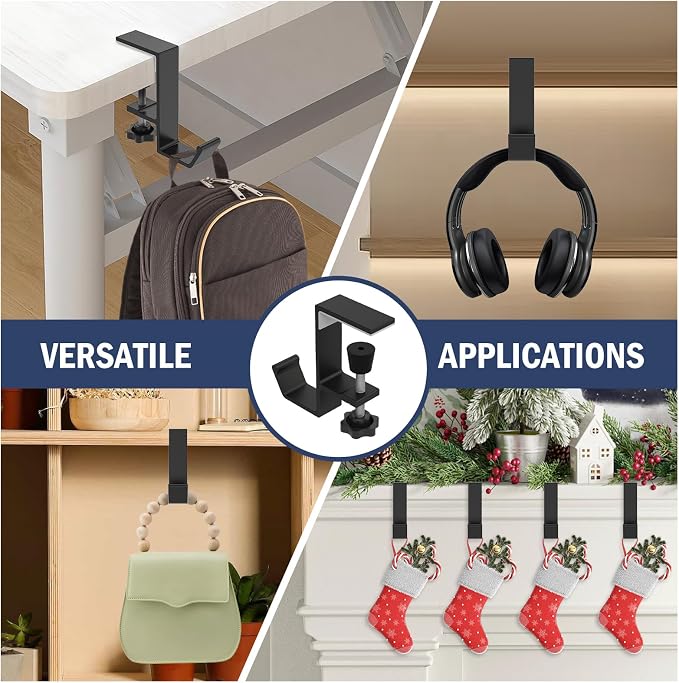 Clamp-On Under Desk Backpack Hanger, Clamp-On Under Desk Headphone Holder, Students' Desk Hook, with Adjustable Arm Clamp for Handbag and Purse Holder (Black) - Image 4