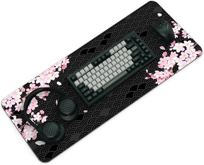 Gaming Mouse Pad with Anti-Slip Rubber Base, Extended Large Computer Mouse Mat with Stitched Edges, Long XL Anime Mousepad for Laptop and Keyboard, 31.5 x 11.8 inch (Black Cherry Blssom) - Image 3