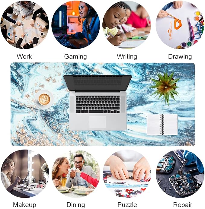QiyI PU Leather Large Mouse Pad, Office Decor, 31.5" x 15.7", Blue Marble | Desk Décor Accessories, Extended Size, Waterproof & Easy to Clean, Smooth Surface, Non Slip Desk Organization - Image 7