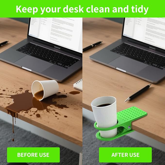 Desk-Side Cup Holder Clip, Cup Rack, Clamping Cup Stand, Large Clip for Office Desk Edge, Green - Image 4
