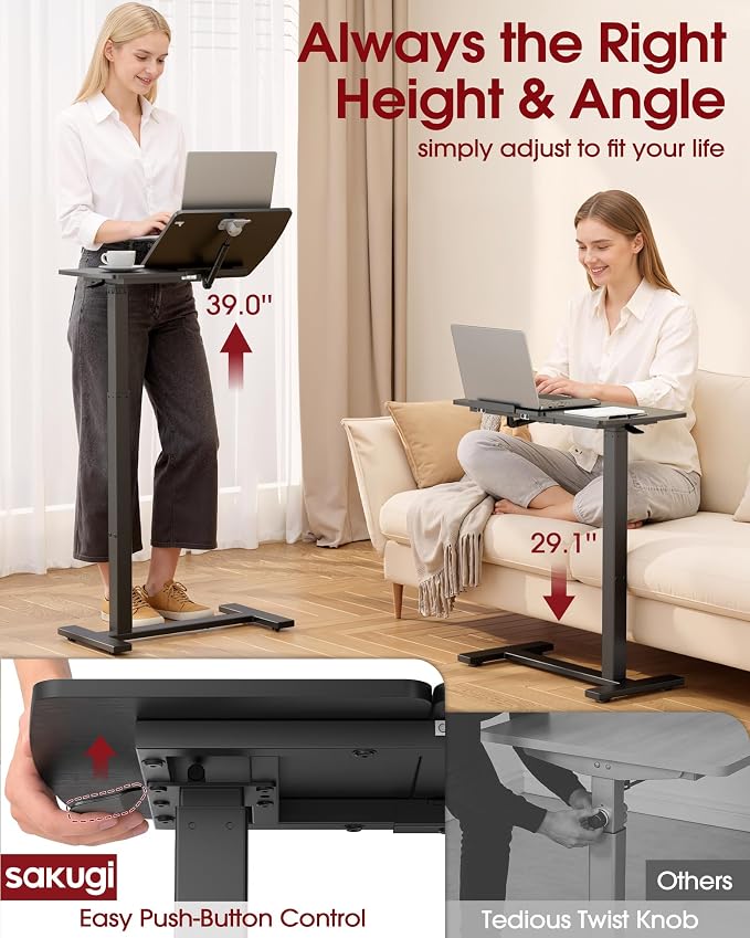 Sakugi Overbed Bedside Table with Wheels, Right-Side Tilt Top, Laptop Desk - Image 3
