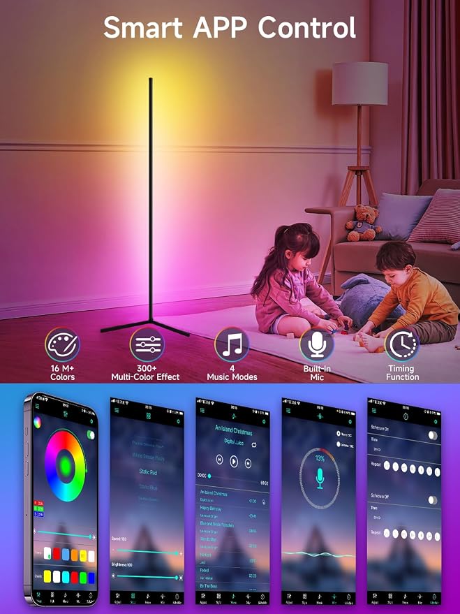 Tyute Floor Lamp, RGB LED Corner Lamp with Music Sync, Smart App and Remote Control Color Changing Ambience Light, 16 Million Colors Standing Lamp for Bedroom Living Room Gaming Room (2pcs) - Image 3