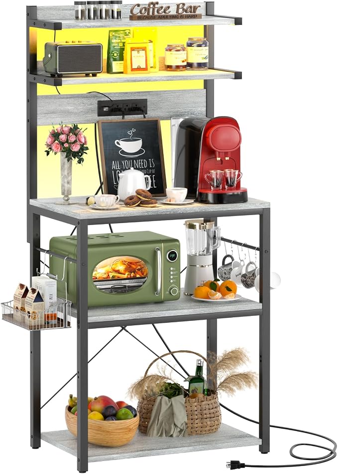 Aheaplus Bakers Rack with Power Outlet & RGB LED, 5-Tiers Coffee Bar Table by Aheaplus