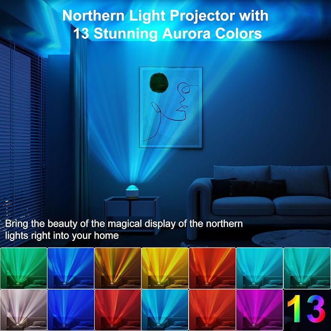 HUMIIEYE Northern Lights Projector, 13 Colors Aurora Night Light Projector for Bedroom, 3 Timers, Remote Galaxy Light Projector, Memory Function Dimmable Mood Lighting for Playroom Kids Teen Girl Gift - Image 2