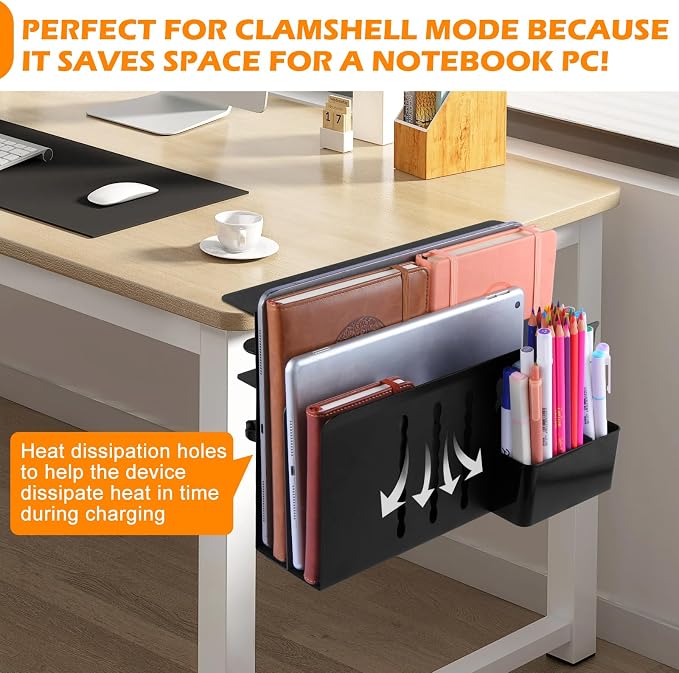 Desk Side Storage, 2 Tier Steel Hanging Organizer, No Drill Side Desk Organizer, Laptop Holder, with Pen Holder, For Office Supplies & Studio Essentials Black - Image 3