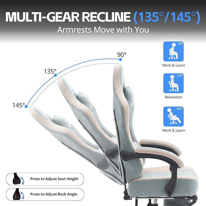 Desk Computer Gaming Chair - Ergonomic Game Office Chair with Extended Footrest and Massage Lumbar Support, Home Gamer Video Game Chairs with Spring Cushion for Adults (Pro Blue Fabric) - Image 7