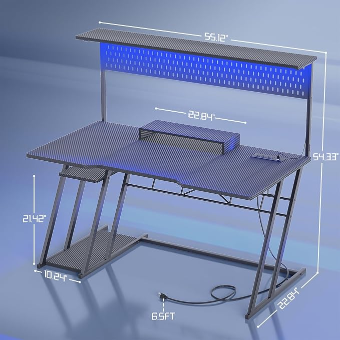 Armocity Gaming Computer Desk with Hutch and LED Lights, 53'' Black Gaming Desk with Storage Shelves, Reversible PC Gamer Desks with Pegboard, Ergonomic Desk for Bedroom, Carbon Fiber Surface - Image 3