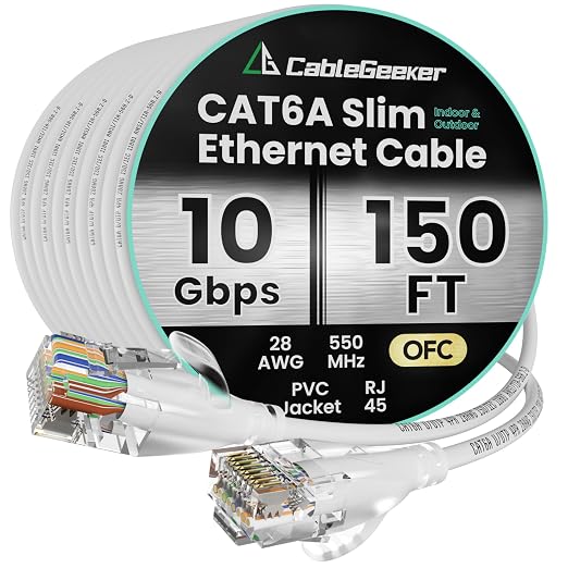 CableGeeker Cat 6A Slim Ethernet Cable 150t, 10Gbps, White by CableGeeker