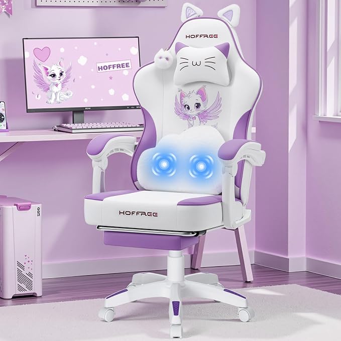 Gaming Chair for Girls Cute Massage Computer Chair with Cat Ears-Purple | Cute Computer Office Chair Ergonomic Reclining Gamer Chair with Footrest Lumbar Support PC Game Chairs for Women Adults by HOFFREEOfficial