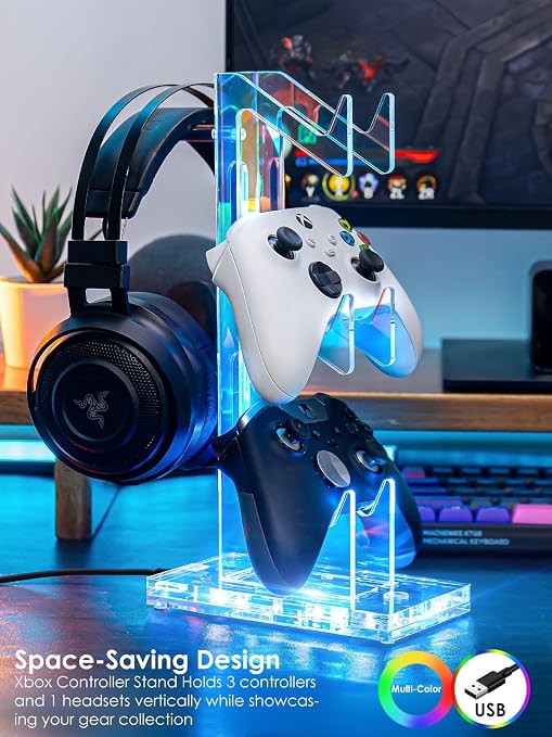 OAPRIRE RGB Controller and Headset Stand with 21 Light Modes, 3 Tier | Acrylic Game Controller Stand for Desk, Stabilized Base, Gamer Gift for PS5 PS4 Xbox Controllers, Desk Accessories, Clear - Image 2