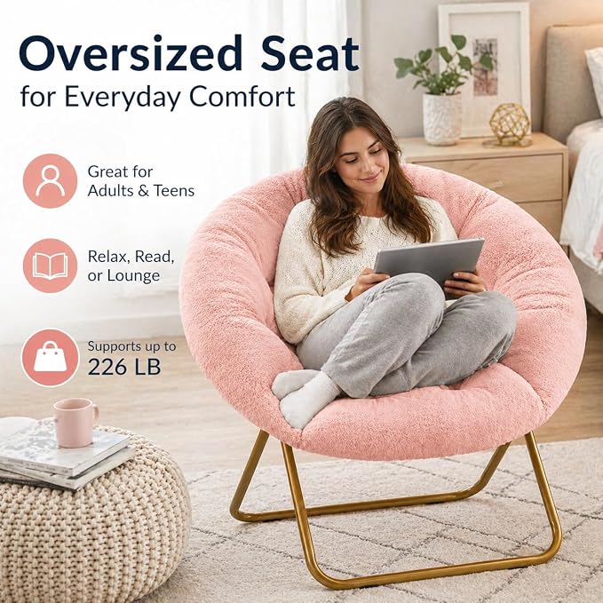 Simple Deluxe Comfy Chairs for Bedroom, Faux Fur Saucer Chair for Adults, Oversized Comfy Soft Saucer Chair, Padded Lazy Chair for Living Room Dorm Rooms, Pink - Image 7