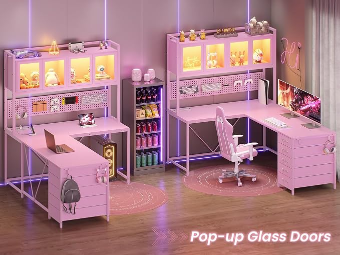 SEDETA L Shaped Gaming Corner Desk with Drawers, Hutch and Storage Shelves | Reversible L Shaped Computer Desk, Gaming Desk with Pegboard, Led Lights, and Power Outlet for Home Office, Small Space, Pink - Image 8