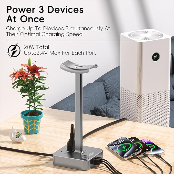 cozoo Headphone Stand with Charger, USB C, Gifts for Gamers Men, Gray | Gaming Headset Stand Holder for Desk, 3 USB(1 USB C) and 2 AC Outlets Charging Ports, Headphone Hanger, Gamer Gifts for Men - Image 6