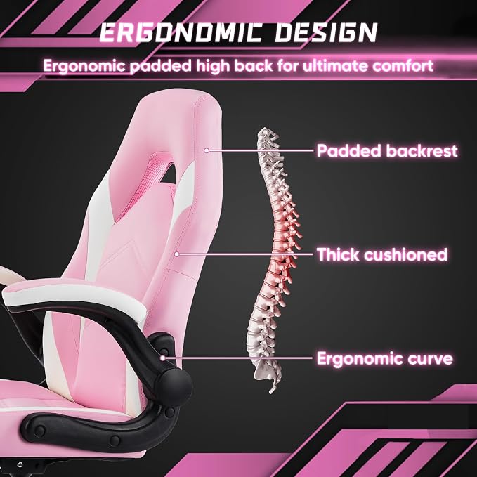 DUMOS Computer Gaming Chair, Home Office Desk Chair, PU Leather | PU Leather, Flip-up Armrest, Swivel Wheels, Lumbar Support, Video Game, Height Adjustable, White and Pink - Image 5