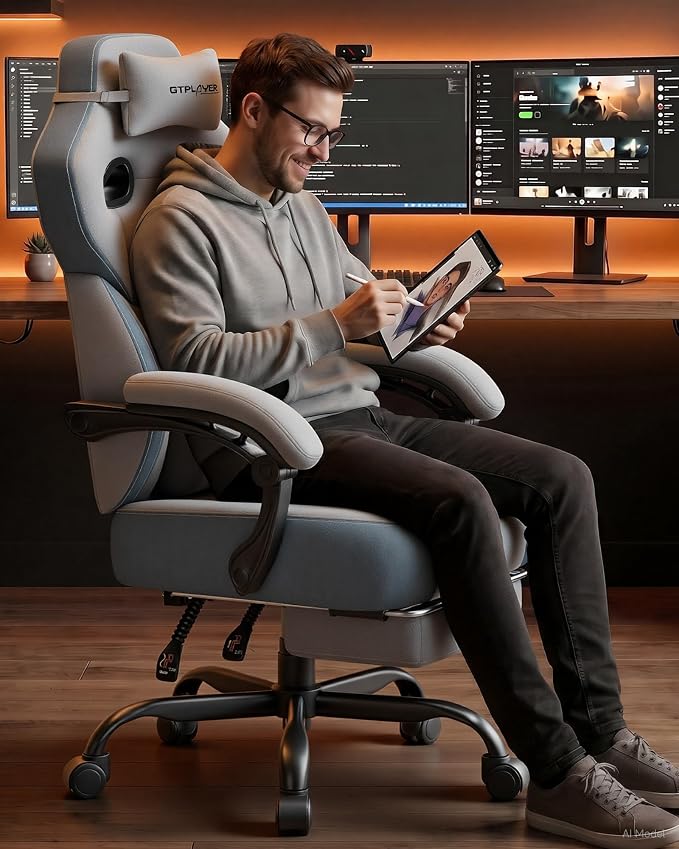 GTPLAYER Big & Tall Gaming Chair, Wide Seat with Footrest, Gray | Ergonomic High Back Computer Desk Chair for Adults, Comfort Padded Seat with Lumbar Support Armrests Recliner for Office/Home - Image 2
