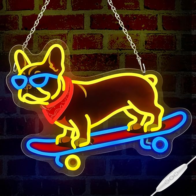 French Bulldog Skateboarding Neon Sign, Skateboard Dog Frenchie Wearing Glasses Neon Signs | Dimmable LED Bulldog Wall Art Decor | Frenchie Dog Lover Gifts by Qusea