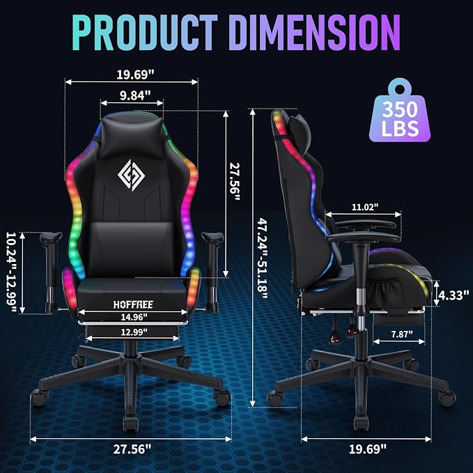 HOFFREE RGB Gaming Chair for Kids LED Computer Chair 155°Recliner-Black | PC Game Chair with Lights Gamer Chair for Boys Teens 8-15 Video Game Chairs with Footrest and Lumbar Support Racing Style - Image 3