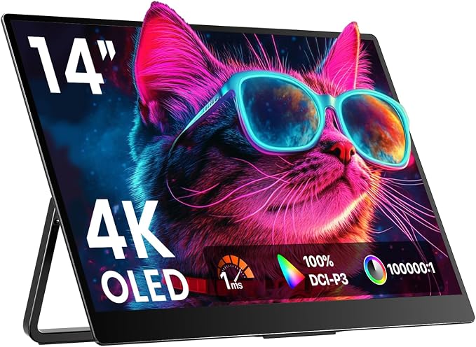 Upperizon Portable Monitor 14 inch 4K 3840X2400 100000:1 100% DCI-P3 OLED HDMI USB-C Travel Monitor for Laptop MacBook PC Surface PS5 Xbox, External Display with Kickstand & Speakers, VESA Compatible by Upperizon