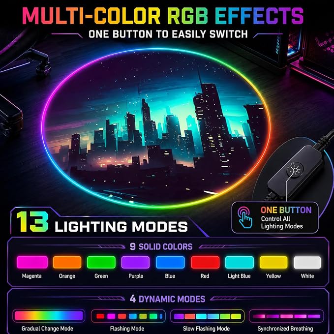 Gaming Chair Mat for Hardwood Floor Circle RGB Gaming Lights (Skyline 47”) - Noise Cancelling, Anti-Slip Gamer Floor Mat – Scratch Resistant Computer Gaming Mat for Chair – Office Chair Mat - Image 2