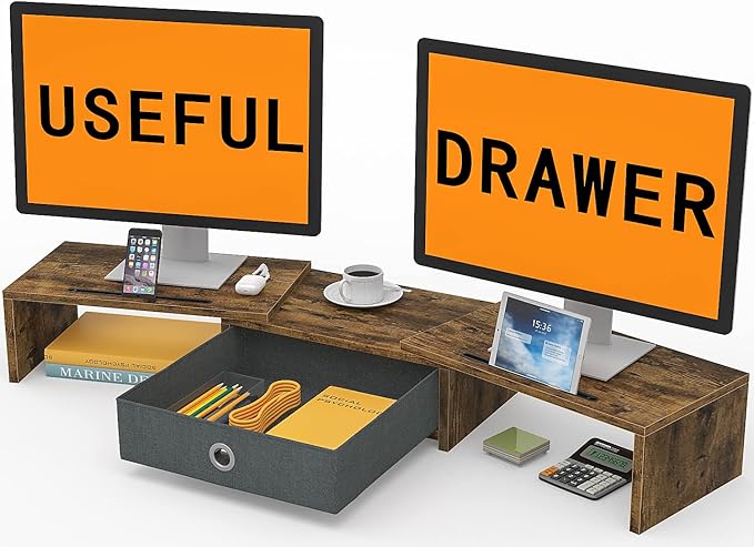 WESTREE Dual Monitor Stand Riser with Drawer, Monitor Stand Riser for 2 Monitors, Adjustable Length and Angle, 2 Solts for Phone & Tablet, Desktop Organizer Stand for Computer/Laptop/PC/Printer by WESTREE
