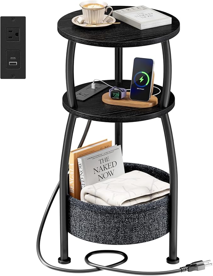 Side Table with Charging Station, Small Round End Table with Basket by designyourhome