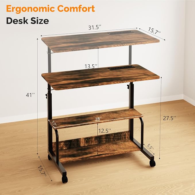 FCH 31.5" Mobile Small Standing Desk, Adjustable Height Mobile Computer Desk, w/2 AC Outlets + 3 USB Ports & Hooks, Storage Shelves, Suitable for Gaming, Studying, Home Office, Vintage Brown - Image 3