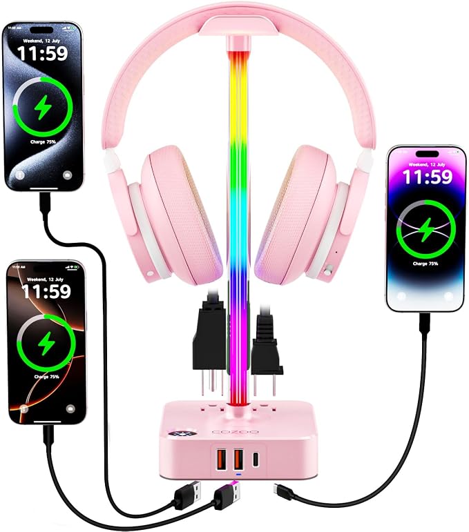 cozoo Headphone Stand with Charger, USB C, Gifts for Gamers Men, Pink Pro | Gaming Headset Stand Holder for Desk, 3 USB(1 USB C) and 2 AC Outlets Charging Ports, Headphone Hanger, Gamer Gifts for Men - Image 8