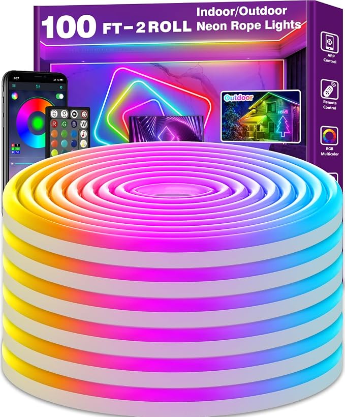 AILBTON Led Neon Rope Lights 100Ft,Flexible,Control with App/Remote,Multiple Modes,IP65 Outdoor RGB Waterproof,Music Sync Gaming Strip Lights for Bedroom Indoor by AILBTON