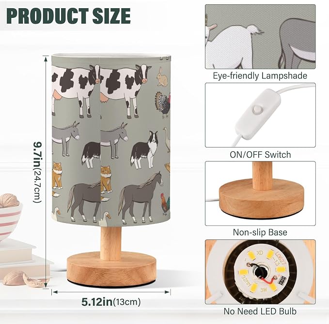 Bedside Table Lamp Farm Animals Nightstand Lamp with Wood Cows Sheep Pig Fox Chicken Duck Dog Rabbit Desk Lamps for Bedroom Living Room Nursery Office Home Decor - Image 3