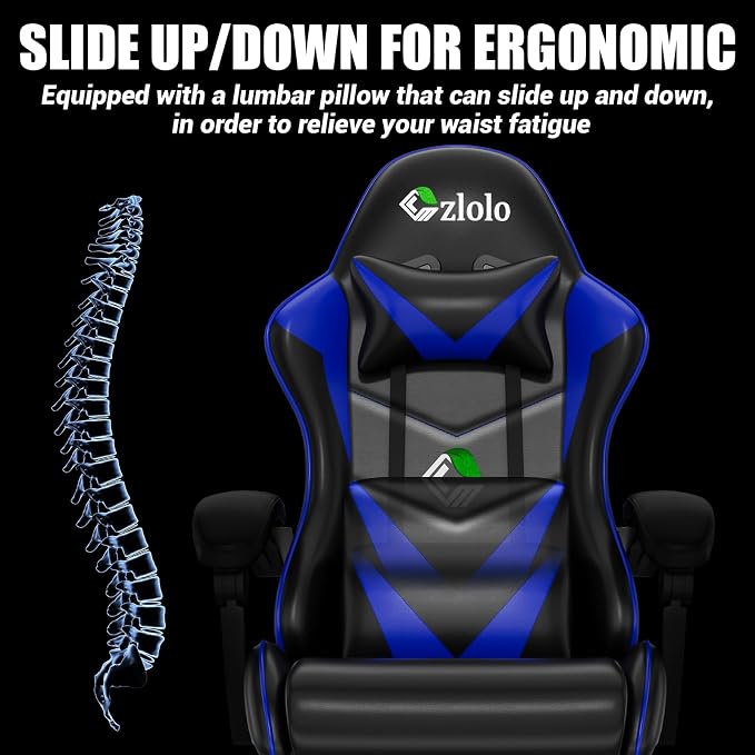 Czlolo Gaming Chair with Footrest Racing Style Lumbar Support Massager Video Game Chair with Metal Legs, High Back Reclining Gamer Chair with Headrest, 360° Swivel Office Computer Desk Chair (Blue) - Image 6