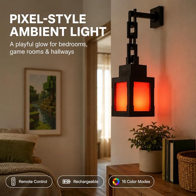 Pixelated Lantern RGB Night Light, 16 Color Rechargeable LED Wall Lamp with Remote, Secure Screw Mount, Block Style Hanging Lantern Decor for Game Room, Bedroom, Desk & Gaming Setup - Image 3