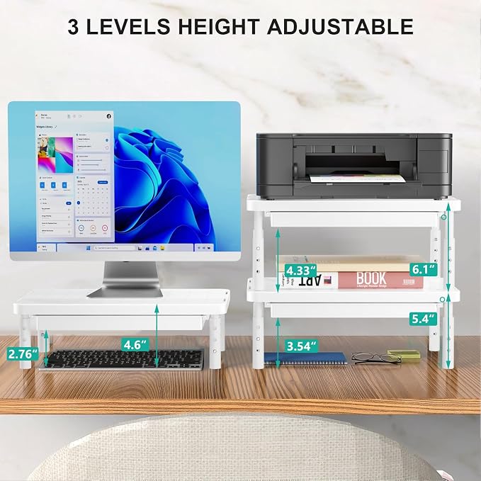 WALI Computer Monitor Stand with Storage, Monitor Riser 3 Height Adjustable | Laptop Riser with Airflow Vents, Desk Organizer for Computer, Printer, Notebook (PTT002-W), 1 Pack, White - Image 2
