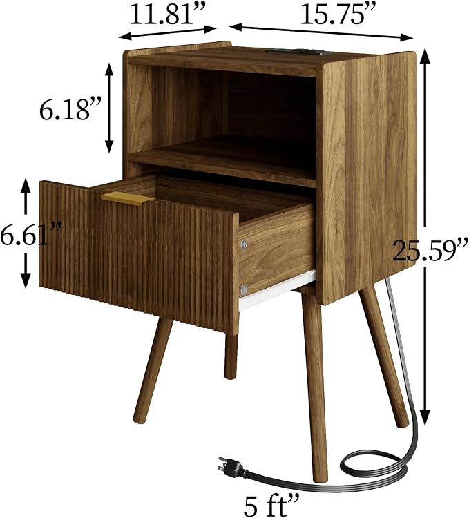 Veegle Nightstand,Modern Bedside Table with Storage Drawer and Open Wood Shelf, Accent Night Stand with Solid Wood Legs for Living Room, Bedroom and Small Spaces,Easy Assembly (Walnut Brown-Outlet) - Image 2