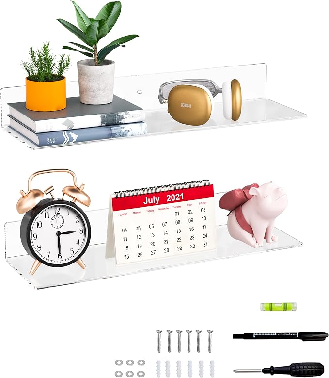 Sezanrpt 20 Inch Clear Wall Shelves for Wall, Wall Mounted Acrylic Floating Shelf for Plants, Speaker, Radio, Funko Pop, Stuffed Animal, Books, Cosmetics, Toiletries, 2 Pack (20 Inch) by Sezanrpt