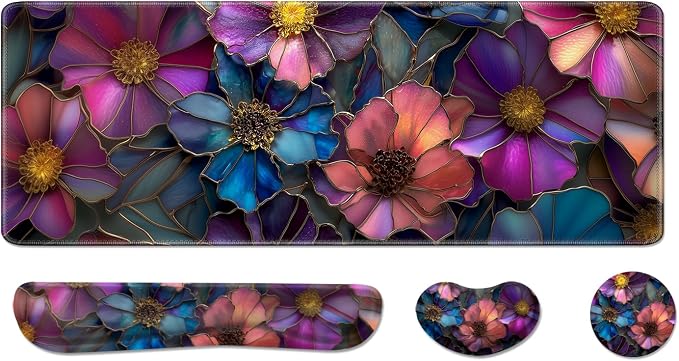Desk Pad and Keyboard Wrist Rest, Large Mouse Pad + Keyboard Pad+Mouse Wrist Support, Non-Slip Desk Mat Protector for Office, Home 31.5×11.8 Inches Glass Flower by AFUZLE