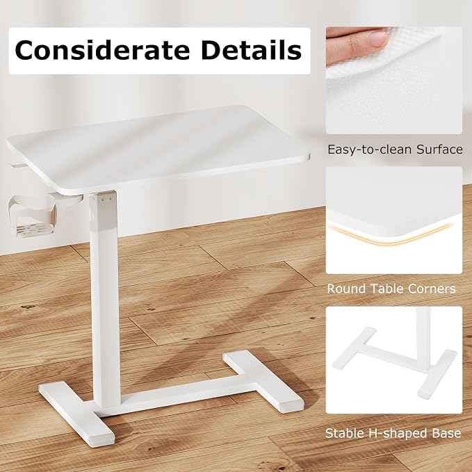 Tangkula Mobile Standing Desk, Pneumatic Height Adjustable Rolling Desk with Cup Holder & Headphone Hook, Overbed Table with Hidden Wheels, Laptop Computer Cart for Couch, Home, Office (White) - Image 8