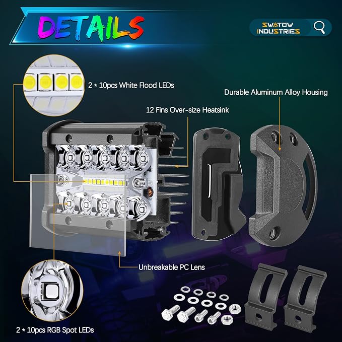 4 Inch RGB Pod Lights, 2PCS 4" RGB LED Light Bar Color Chasing Light Pods Multi-Color Lights for Wrangler Truck Pickup UTV Polaris RZR Ranger Motorcycle Pit Bike Dirt Bike - Image 7