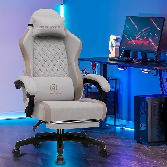 GTPLAYER Gaming Chair, Ergonomic Computer Chair with Footrest and Lumbar Support, High Back Recliner Chair 350lbs, Height Adjustable for Home Office, Light Brown - Image 2