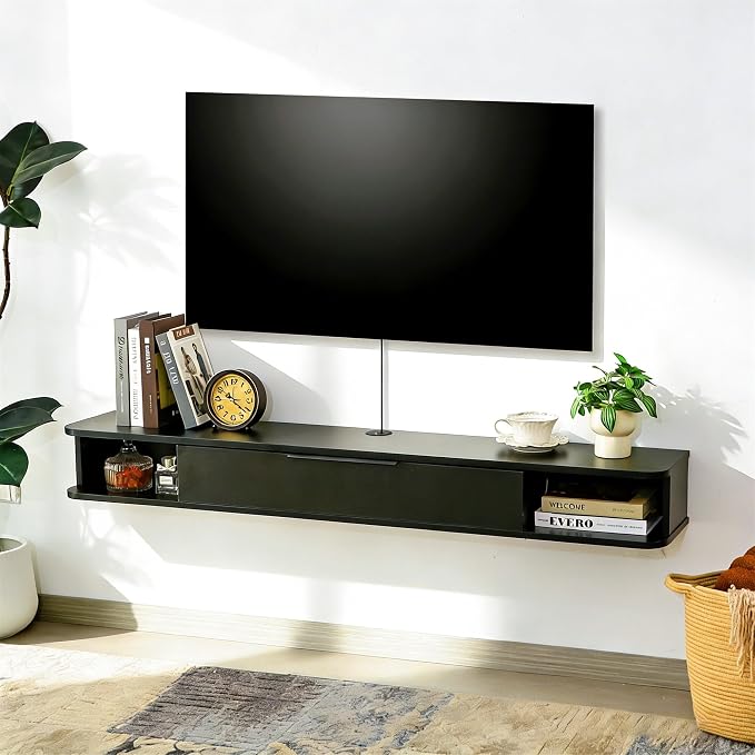 Floating TV Stand, 55" Wall Mounted TV Cabinet, Wood Media Console for TVs up to 65", Entertainment Center with Storage for Living Room, Under TVs Shelf for DVD Player, Black by MordchilHF