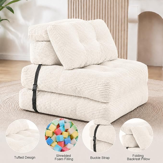 King Oasis Folding Sofa Bed, Corduroy Chair Bed with Pillows | 3-in-1 Fold Out Floor Sofa Couch with Headrest and Lumbar Pillows，for Living Room, Bedroom, Apartment, Dorm, Beige - Image 4