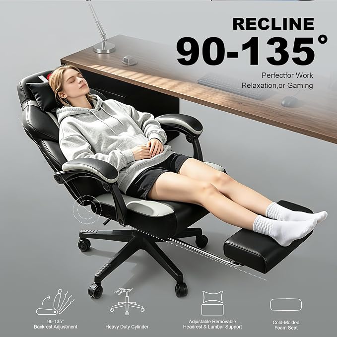 Big and Tall Gaming Chair,400lbs Heavy Duty Office Chair with Footrest, PU Leather High Back PC Desk Chair, Linkage Armrests & Reinforced Steel Frame,Grey - Image 8