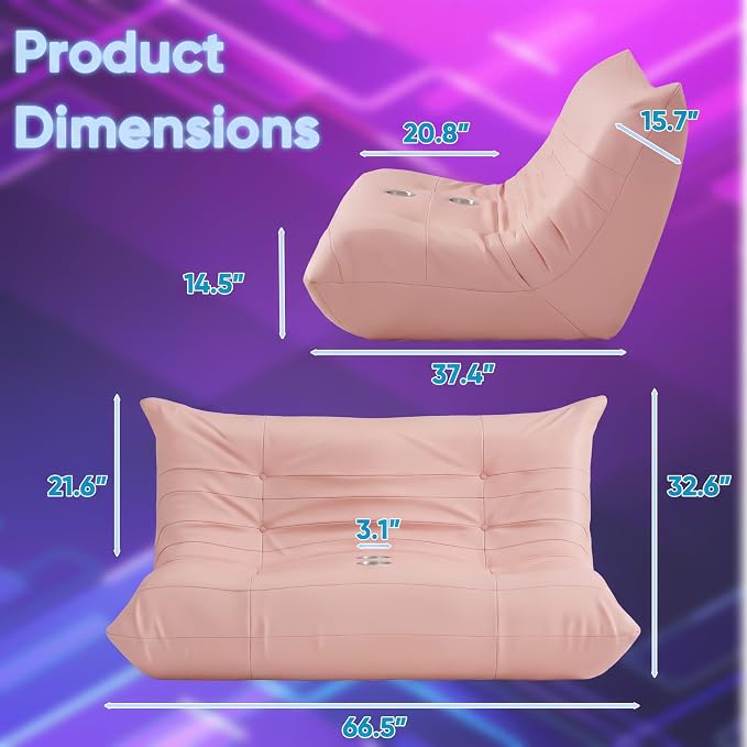 Homall Floor Gaming Chair Boneless Loveseat Couch, Ergonomic Floor Sofa Couch with Cup Holders, Leather Lazy Floor Lounger for Gaming, Reading, Relaxing, Watching TV (Pink) - Image 2