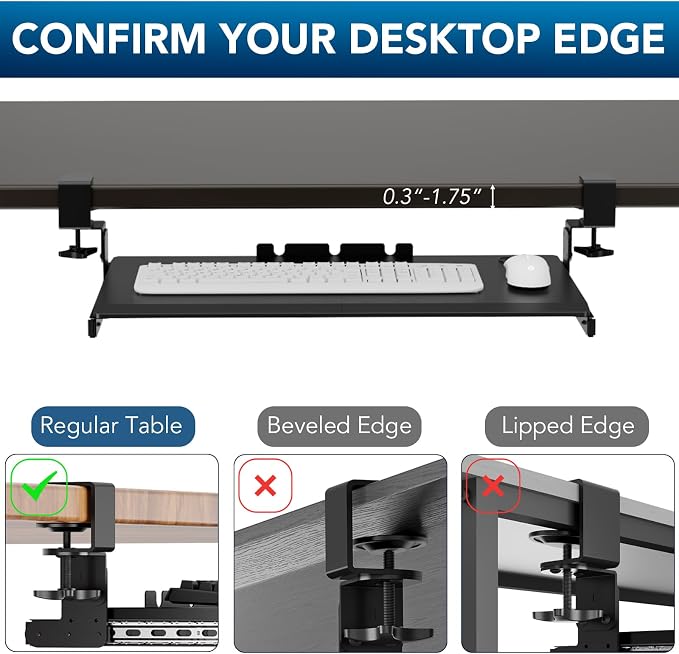 AX WABER Keyboard Tray Under Desk Pull Out with Extra Sturdy Adjustable C Clamp Mount System, 27.3 (32.5 inch Including Clamps) x 11 Inch Slide-Out Platform Computer Drawer for Typing, Black,AX01WB01 - Image 7