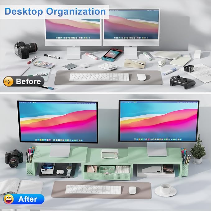 gianotter Dual Monitor Stand Riser With Drawer and 2 Pen Holders | Desk Organizer and Accessories Computer Monitor Stand, Desk Shelf for Top of Desk (Sage Green) - Image 2