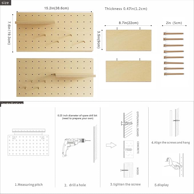 Wooden Pegboard Modular Display Organization Storage Wall Hooks Shelf (Birch Colored Finish-A) - Image 3