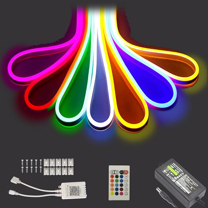 16.4ft LED Neon Rope Lights, 12V RGB Color Changing Strip Lights with APP & Remote Control, IP67 Waterproof Music Sync Light Strip for Bedroom, Gaming Room, Outdoor, Party Decor by Maxlaxer